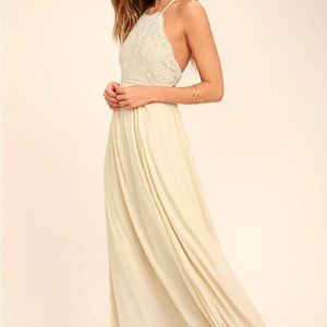Lulu’s Beautiful Moment Light Beige Lace Maxi Dress
